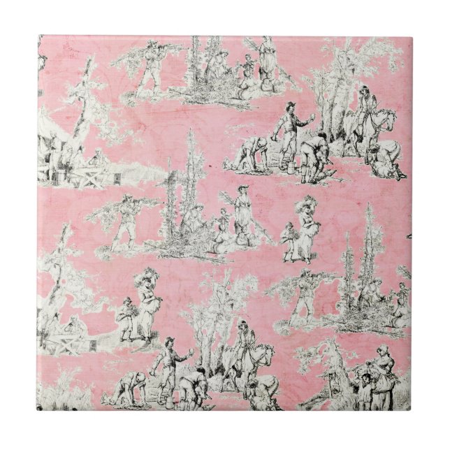 English Country Pink & Black Toile Tile (Front)