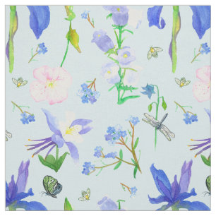 English Country Wildflowers Bees Blue Fabric