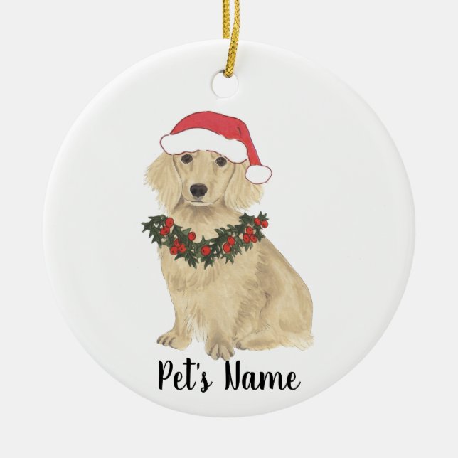 English Cream Dachshund Santa Christmas Ceramic Ornament (Front)