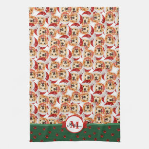 English Cream Golden Monogram Christmas Dog Tea Towel