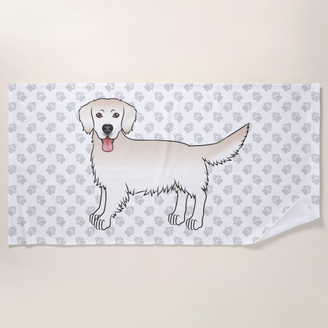 English Cream Golden Retriever And A Paw Pattern Beach Towel (Front)