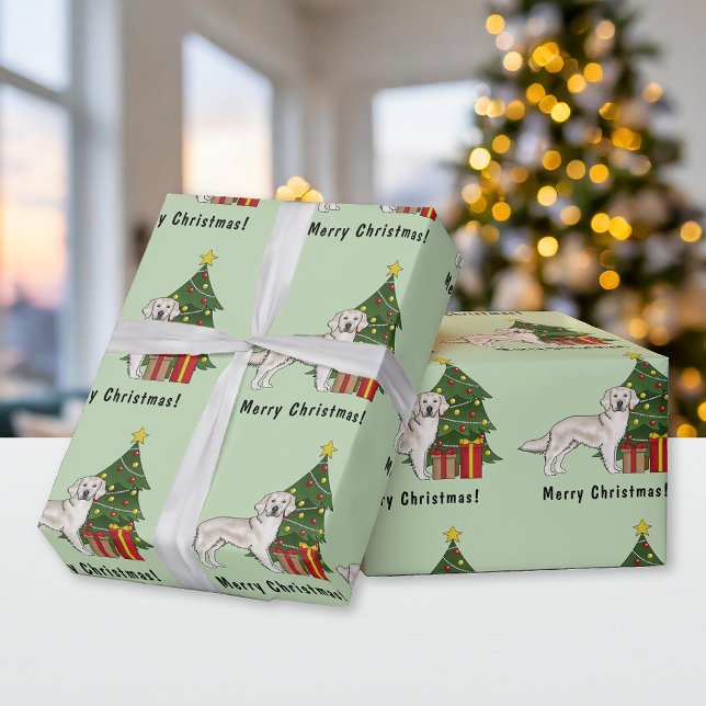 English Cream Golden Retriever And Christmas Tree Wrapping Paper (Creator Uploaded)