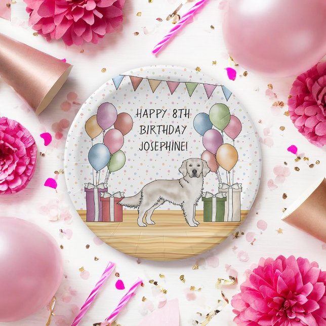 English Cream Golden Retriever Colourful Birthday Paper Plate (Creator Uploaded)