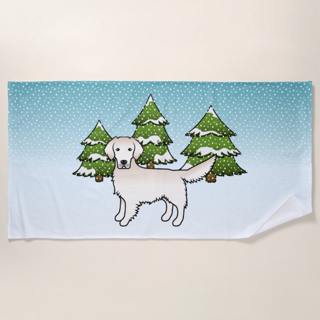 English Cream Golden Retriever In Winter & Trees Beach Towel (Front)