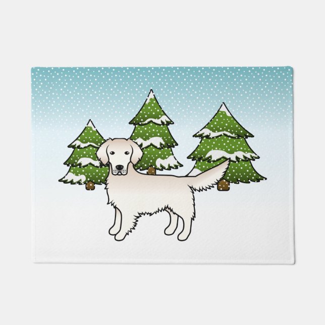 English Cream Golden Retriever In Winter & Trees Doormat (Front)