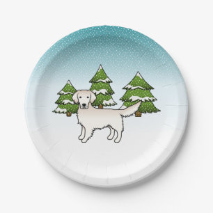 English Cream Golden Retriever In Winter & Trees Paper Plate