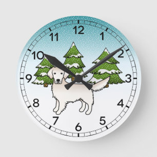English Cream Golden Retriever In Winter & Trees Round Clock