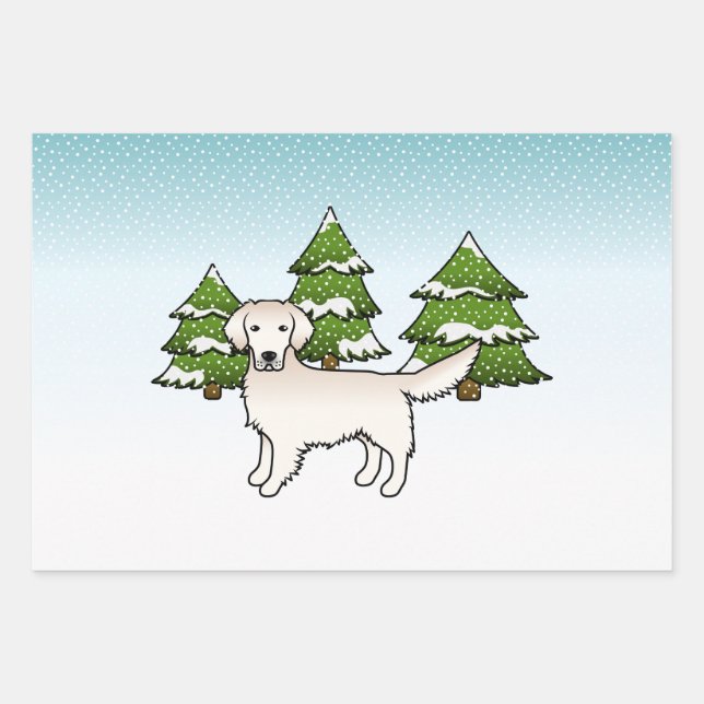 English Cream Golden Retriever In Winter & Trees Wrapping Paper Sheet (Front)