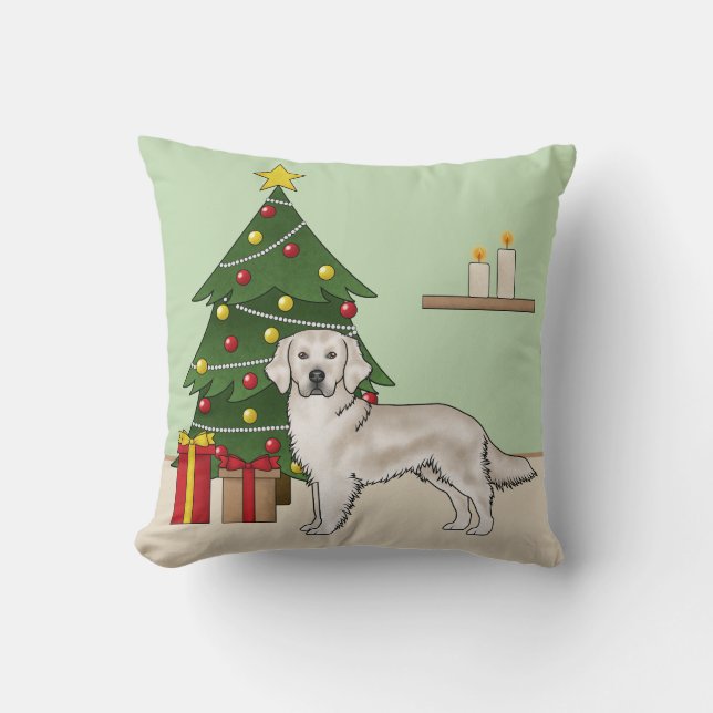 English Cream Golden Retriever With Christmas Tree Cushion (Front)