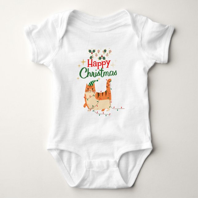 English: Cute Cat Lover 'Happy Christmas Baby Bodysuit (Front)