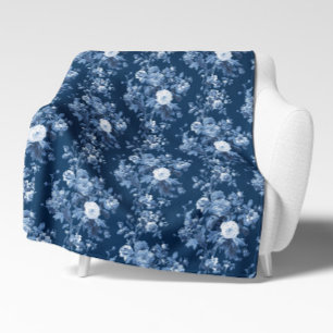 English Floral Vintage Navy Blue and White Elegant Sherpa Blanket