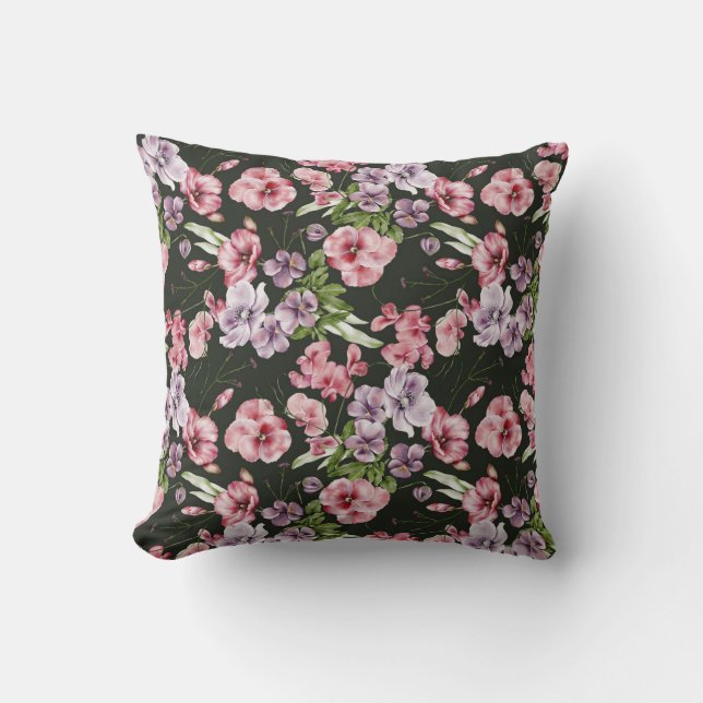 English flower design black ground pink blossom on cushion (Front)
