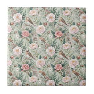 English Garden Bird & Peony Floral Pattern Artwork Ceramic Tile