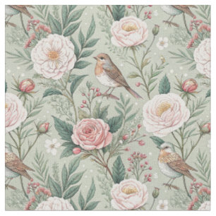 English Garden Bird & Peony Floral Pattern Artwork Fabric