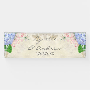 English Garden Blue Hydrangea Dragonfly Watercolor Banner