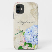 English Garden, Blue n Pink Hydrangeas Watercolor
