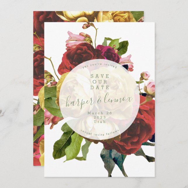 English Garden Boho Roses Circle Save The Date (Front/Back)