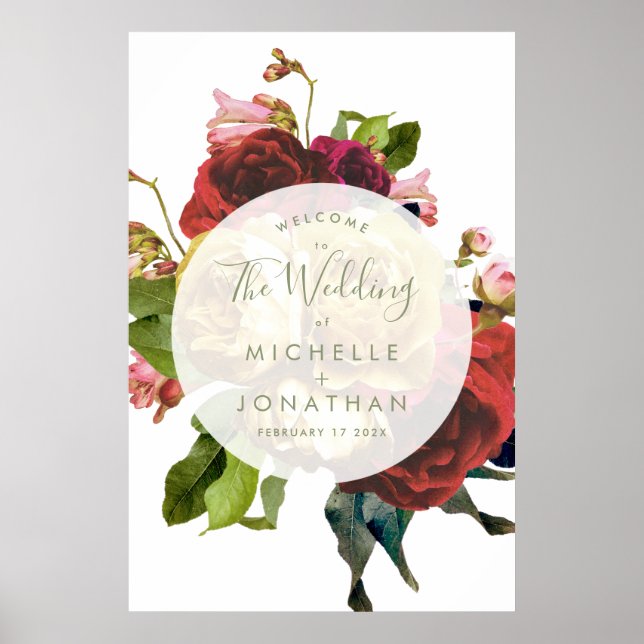English Garden Botanical Roses Wedding Welcome Poster (Front)