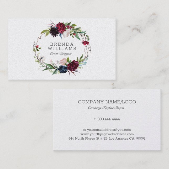 English garden colourful flowers wreath business c business card (Front/Back)