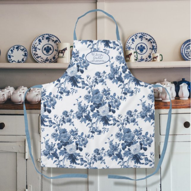 English Garden Floral Blue and White Grandmother Apron (Creator Uploaded)