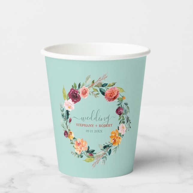 English Garden Flowers Wreath Custom Wedding Text Paper Cups (Front)