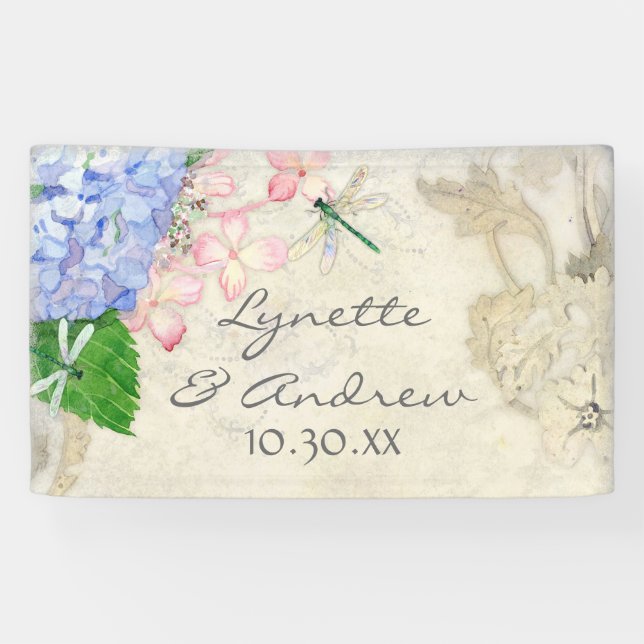 English Garden Hydrangea w Dragonflies Watercolor Banner (Horizontal)