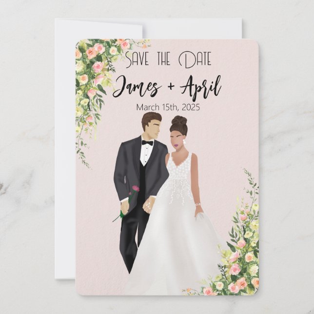 English Garden Illustrated wedding Couple Save The Date (Front)