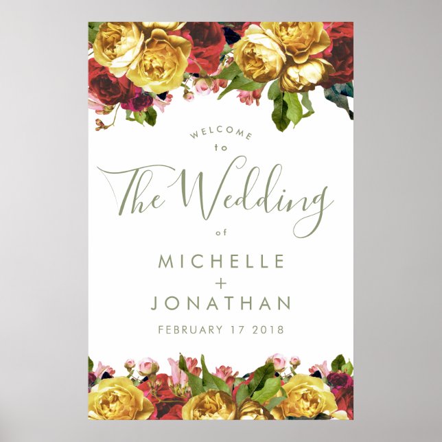 English Garden Vintage Roses Wedding Welcome Poster (Front)
