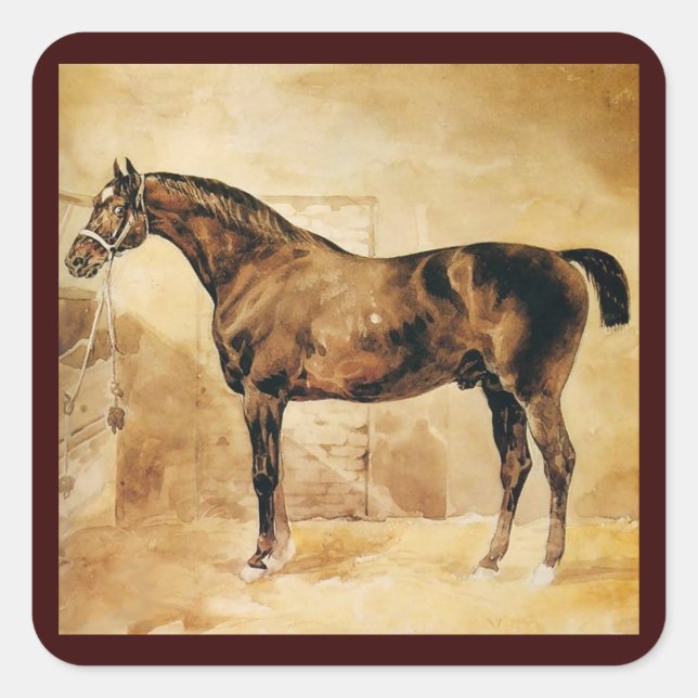 ENGLISH HORSE IN STABLE Parchment Monogram Square Sticker (Front)