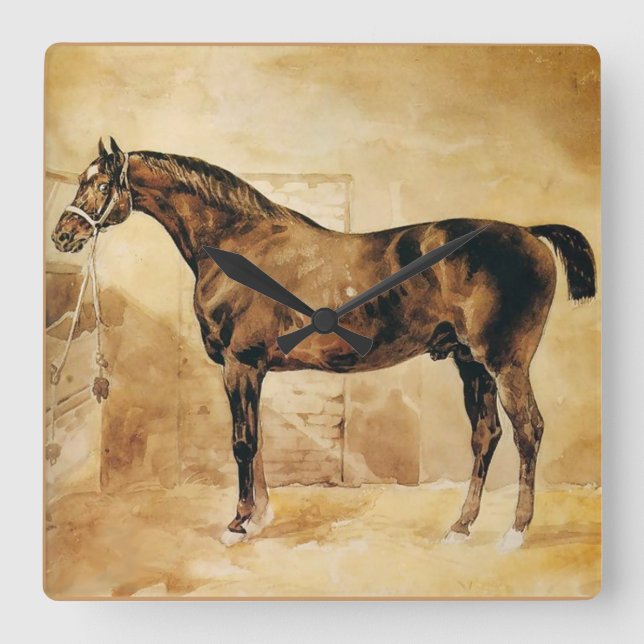 ENGLISH HORSE IN STABLE SQUARE WALL CLOCK (Front)