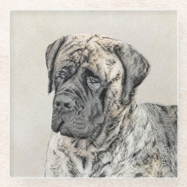 English Mastiff (Brindle) Painting - Dog Art Glass Coaster (Front)