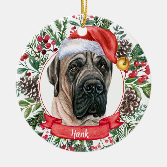 English Mastiff Custom Santa Hat Dog Ornament (Front)