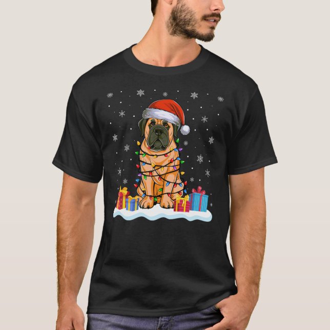 English Mastiff Dog Santa Hat Christmas Tree Light T-Shirt (Front)