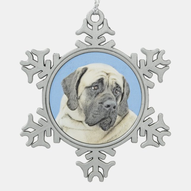 English Mastiff (Fawn) Painting - Original Dog Art Snowflake Pewter Christmas Ornament (Front)