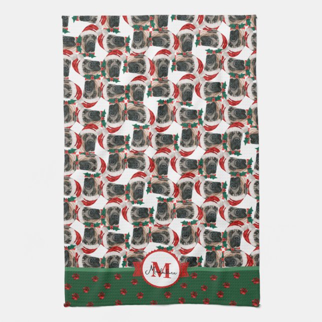 English Mastiff Pattern Monogram Christmas Dog Tea Towel (Vertical)