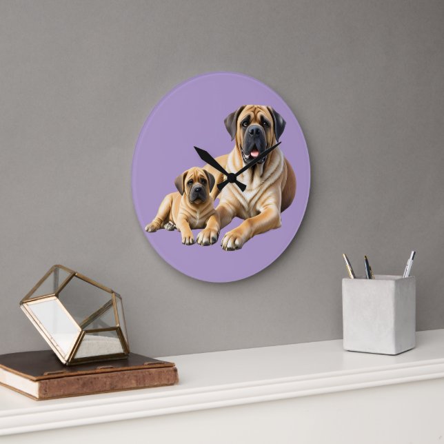 English Mastiff with child on vacation Large Clock (Office)