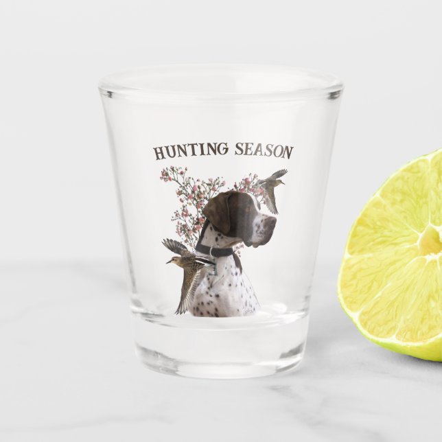 English pointer, bird hunting  shot glass (Front)