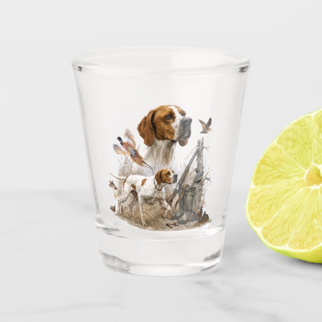 English pointer, bird hunting  shot glass (Front)