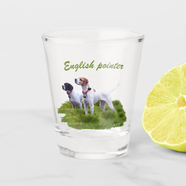 English pointer, bird hunting  shot glass (Front)
