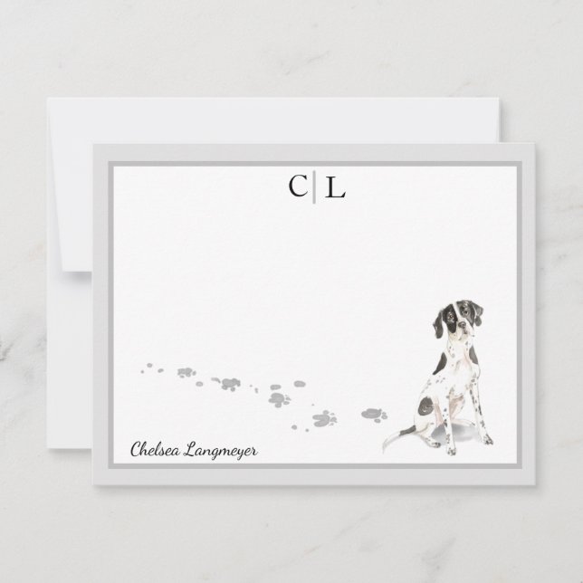 English Pointer Dog Grey Border Monogram & Name Card (Front)