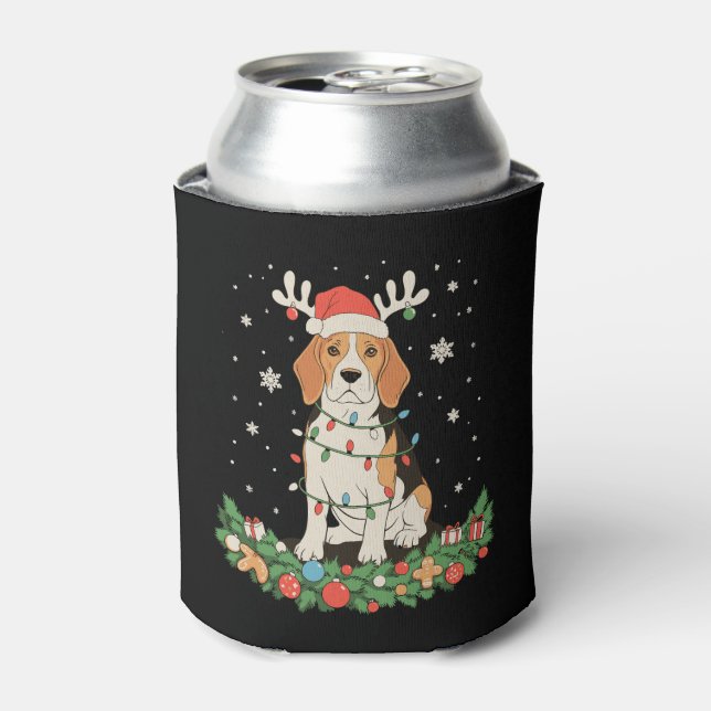 English Pointer Dog Reindeer Hat Christmas Lights Can Cooler (Can Front)