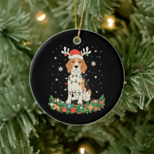 English Pointer Dog Reindeer Hat Christmas Lights Ceramic Ornament