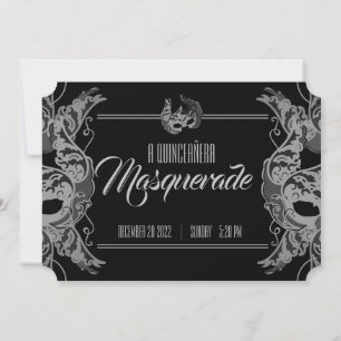 ENGLISH quinceañera MASQUERADE black white ticket Invitation