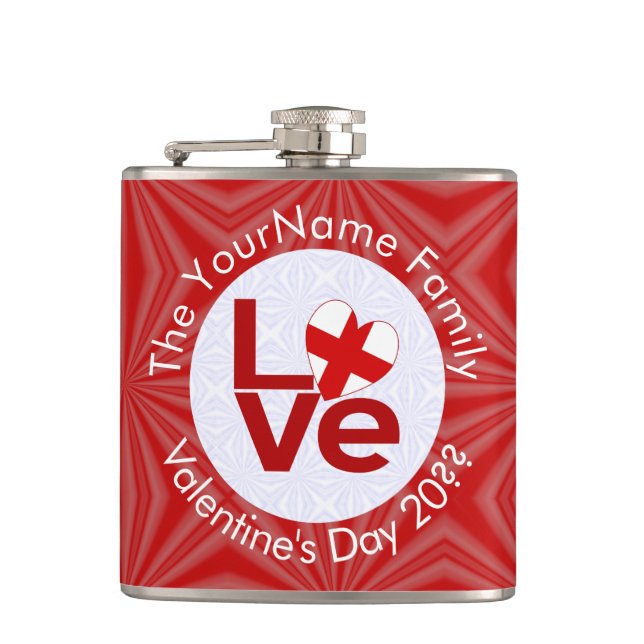 English Red LOVE Flag Personalised  Hip Flask (Front)