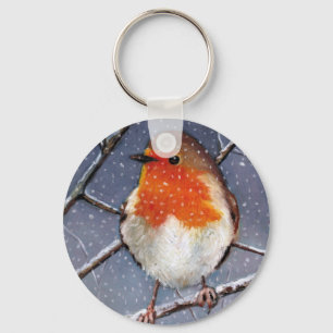 ENGLISH ROBIN IN SNOW: OIL PASTEL ART KEY RING
