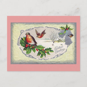 English Robins and Silver Bells Vintage Christmas Holiday Postcard