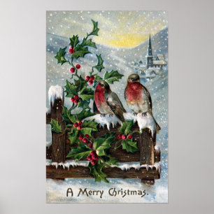 English Robins on a Fence Antique Christmas Poster