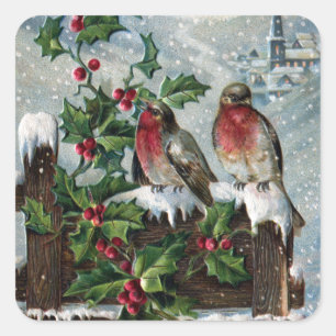 English Robins on a Fence Antique Christmas Square Sticker