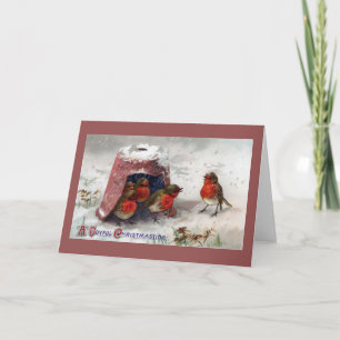 English Robins Under Flowerpot Vintage Christmas Holiday Card