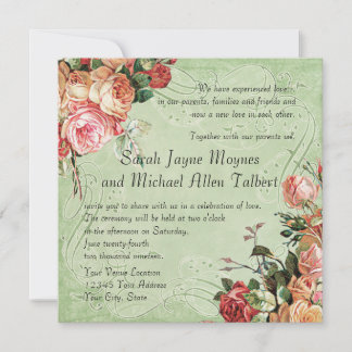English Rose Bouquet, Vintage n Modern Swirl Leaf Invitation